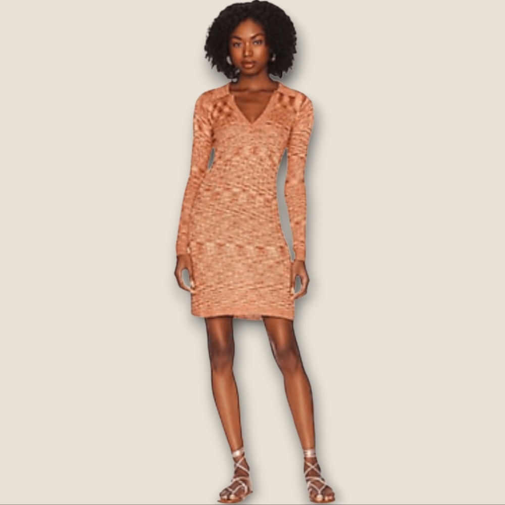 NWT L*SPACE Aria Space Dyed Knit Long Sleeve Bodycon Mini Dress Terracotta Large